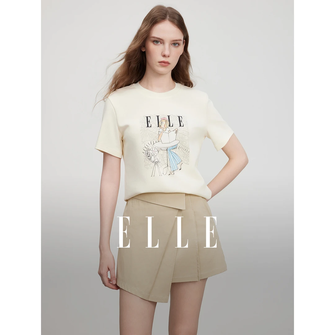 ELLE2025夏季新款修身款双面丝芙螺纹柔软亲肤透气T恤ET50656
