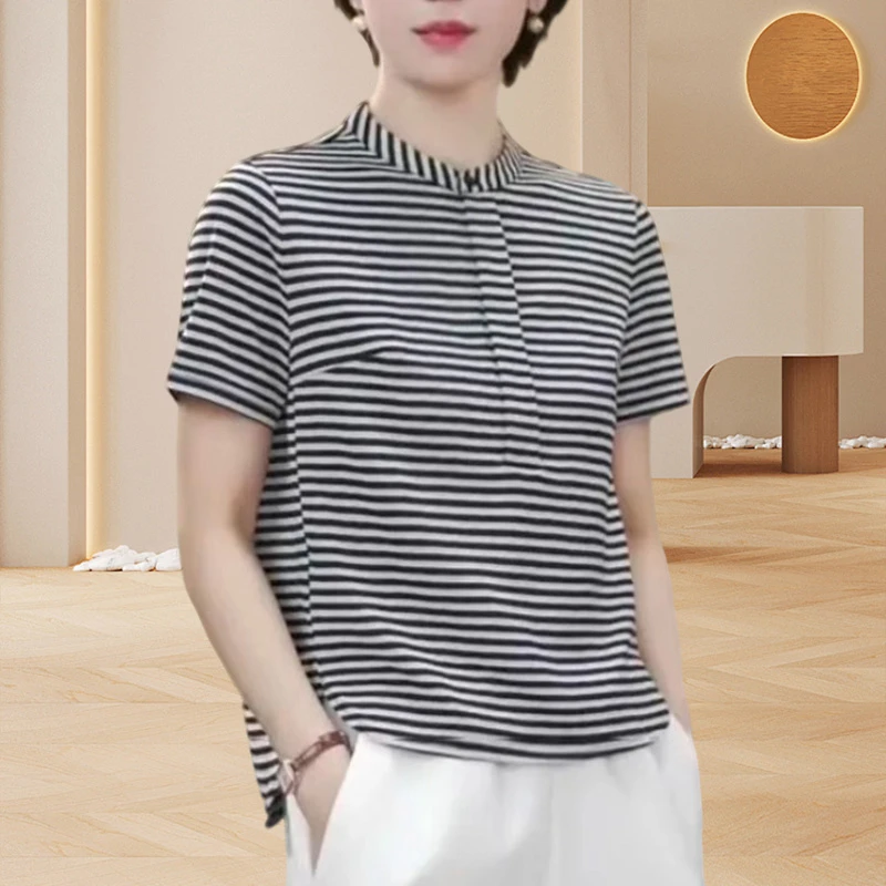 高级感黑白条纹短袖女t恤2025夏季新款时尚撞色小衫女士短袖t恤