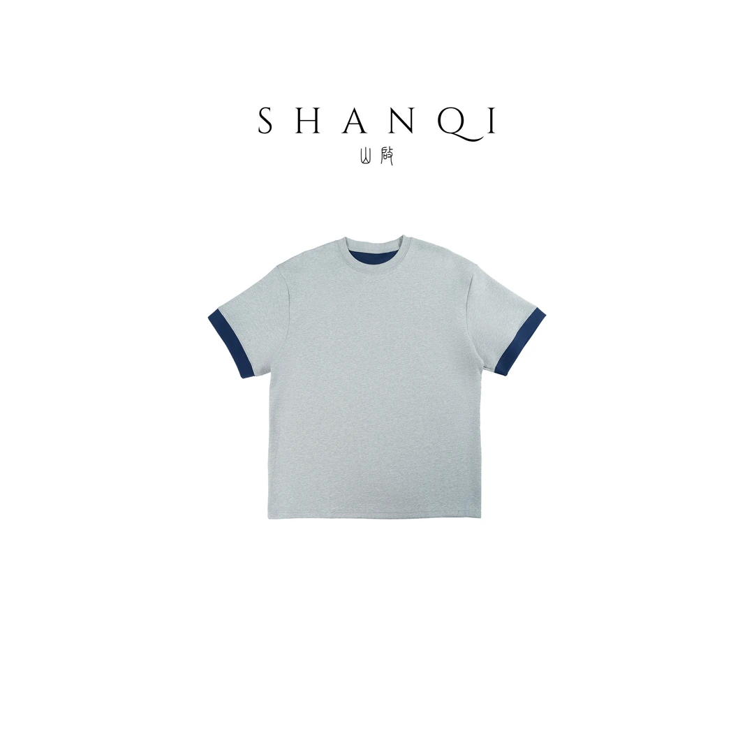 SHANQI山启【双生系列】双面复合拼色重磅潮牌T恤圆领夏季上衣