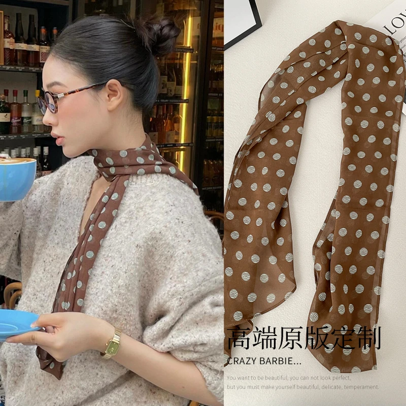 法式复古棕色波点丝巾女春秋薄款百搭小众设计千禧风长条领巾围巾