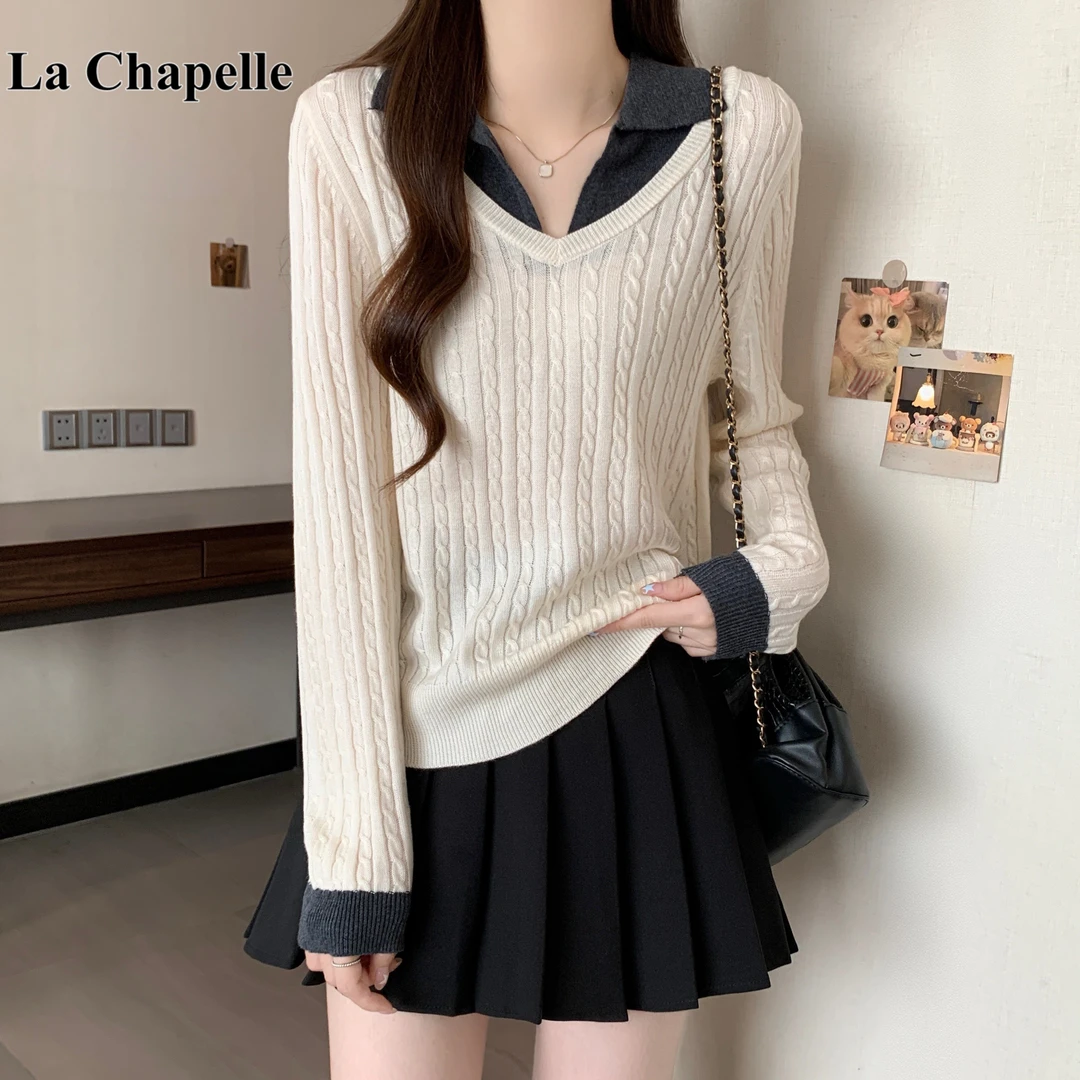 拉夏贝尔大码女装假两件polo领针织衫女秋季显瘦遮肚子上衣打底衫