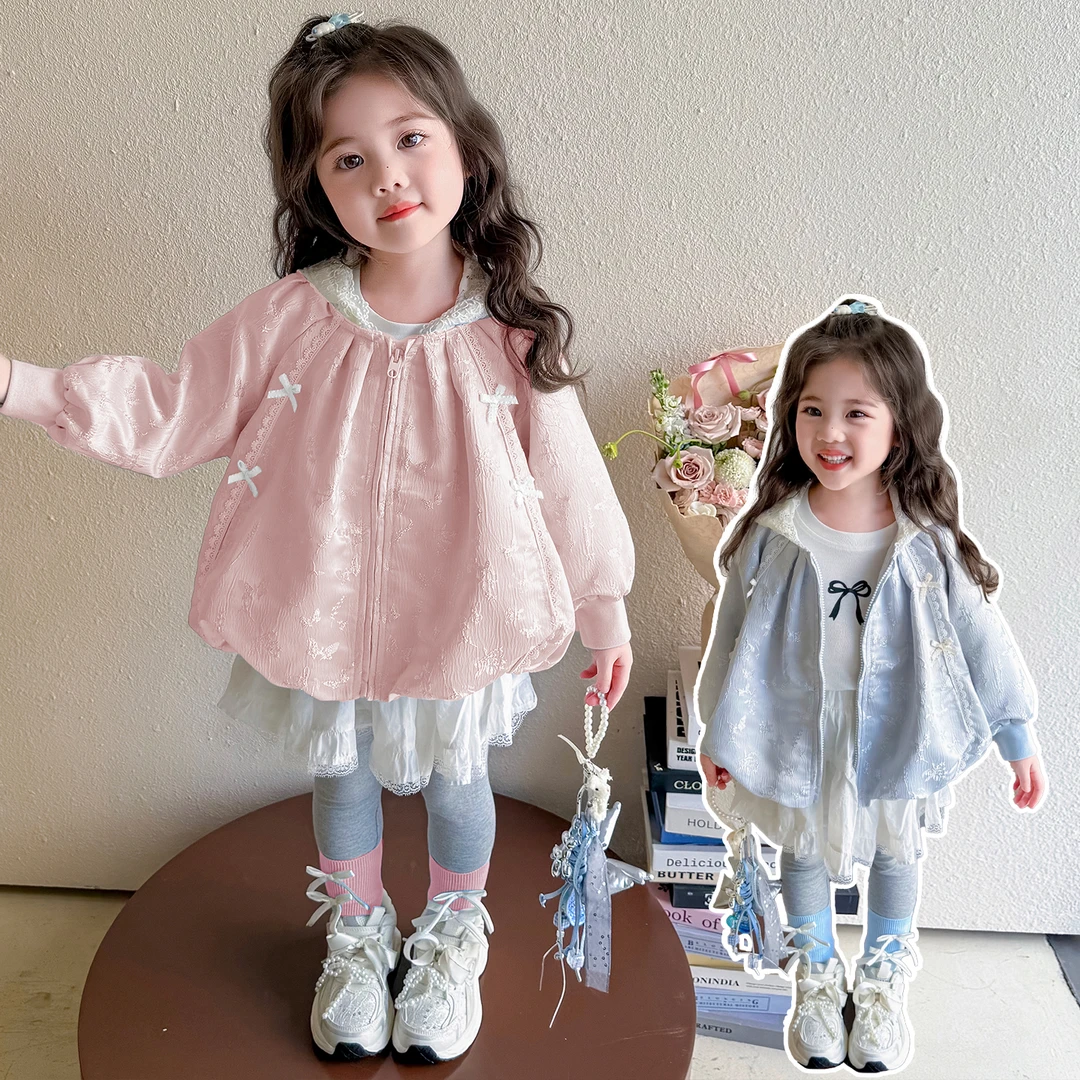 女小童甜美花边连帽长袖外套2025新款儿童韩版女宝宝秋装百搭上衣
