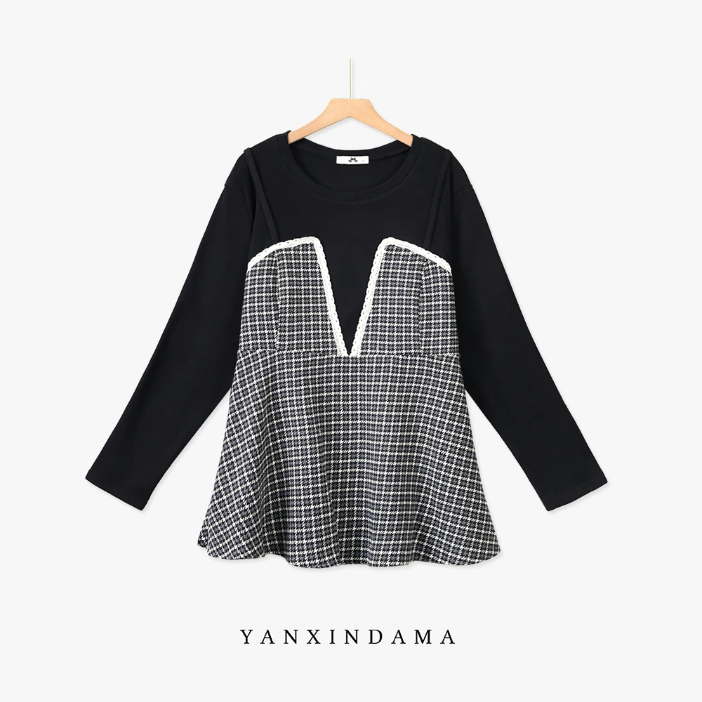 【岩心】大码女装300斤胖MM法式气质拼接假两件设计感上衣10210