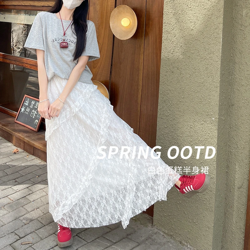 复古拼接斜纹蕾丝半身裙女夏季白色松紧腰显瘦网纱a字长裙蛋糕裙