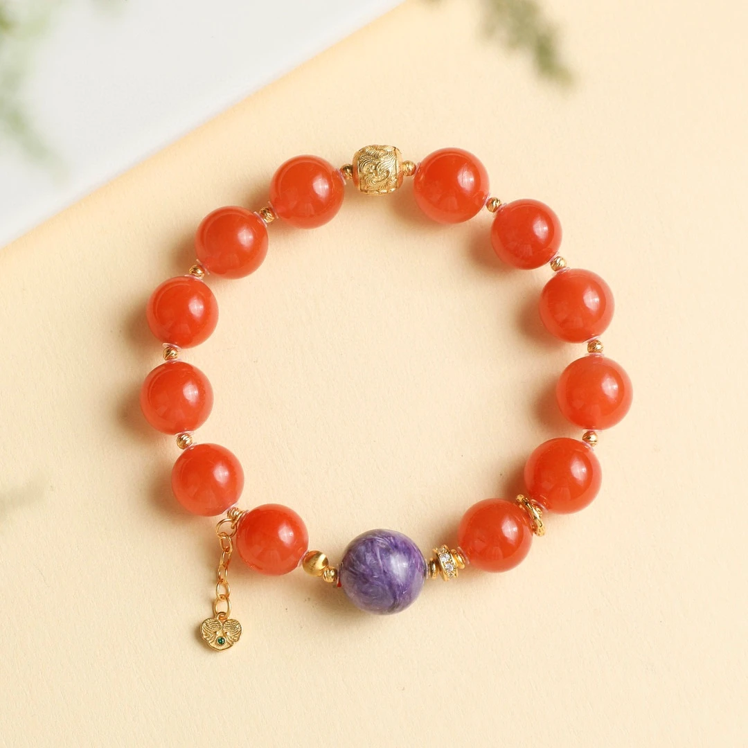 南红九紫离火滴水洞圆珠手串