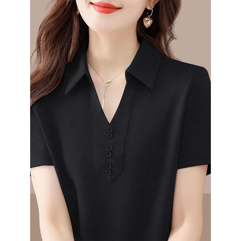 黑色POLO衫短袖T恤女士2025夏季新款大码V领正肩棉半袖体恤上衣