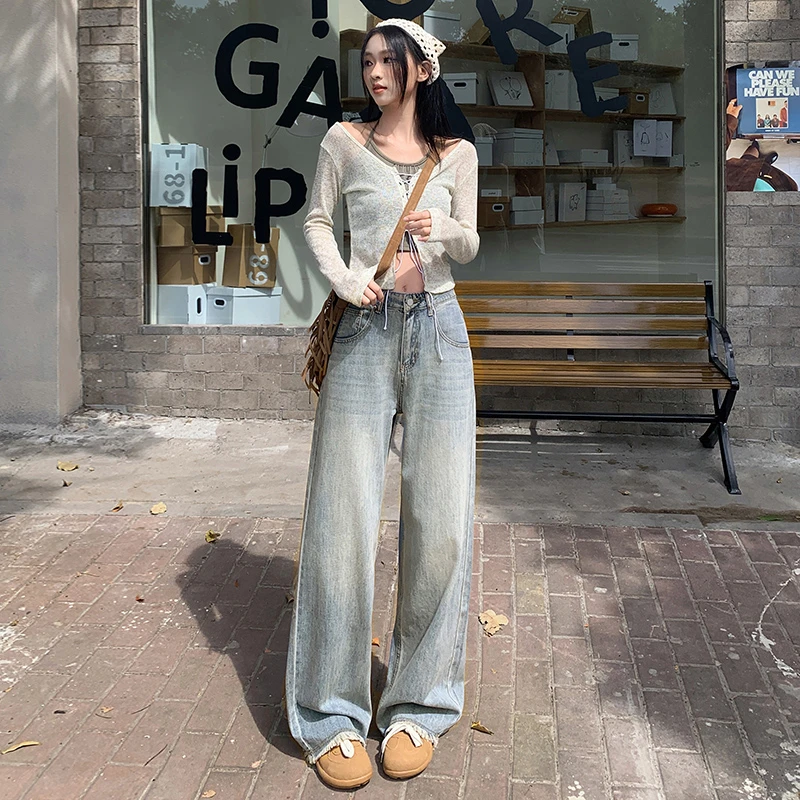 2025春夏新货美式阔腿牛仔裤女复古做旧泥黄色宽松直筒裤子毛边裤