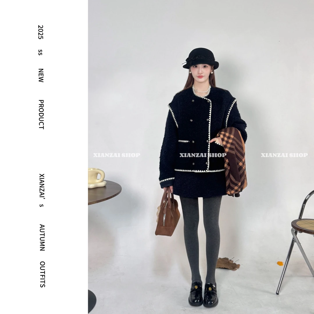 XIANZAI【通勤搭档】冬季新款舒适宽松羊毛羽绒外套短裙两件套装