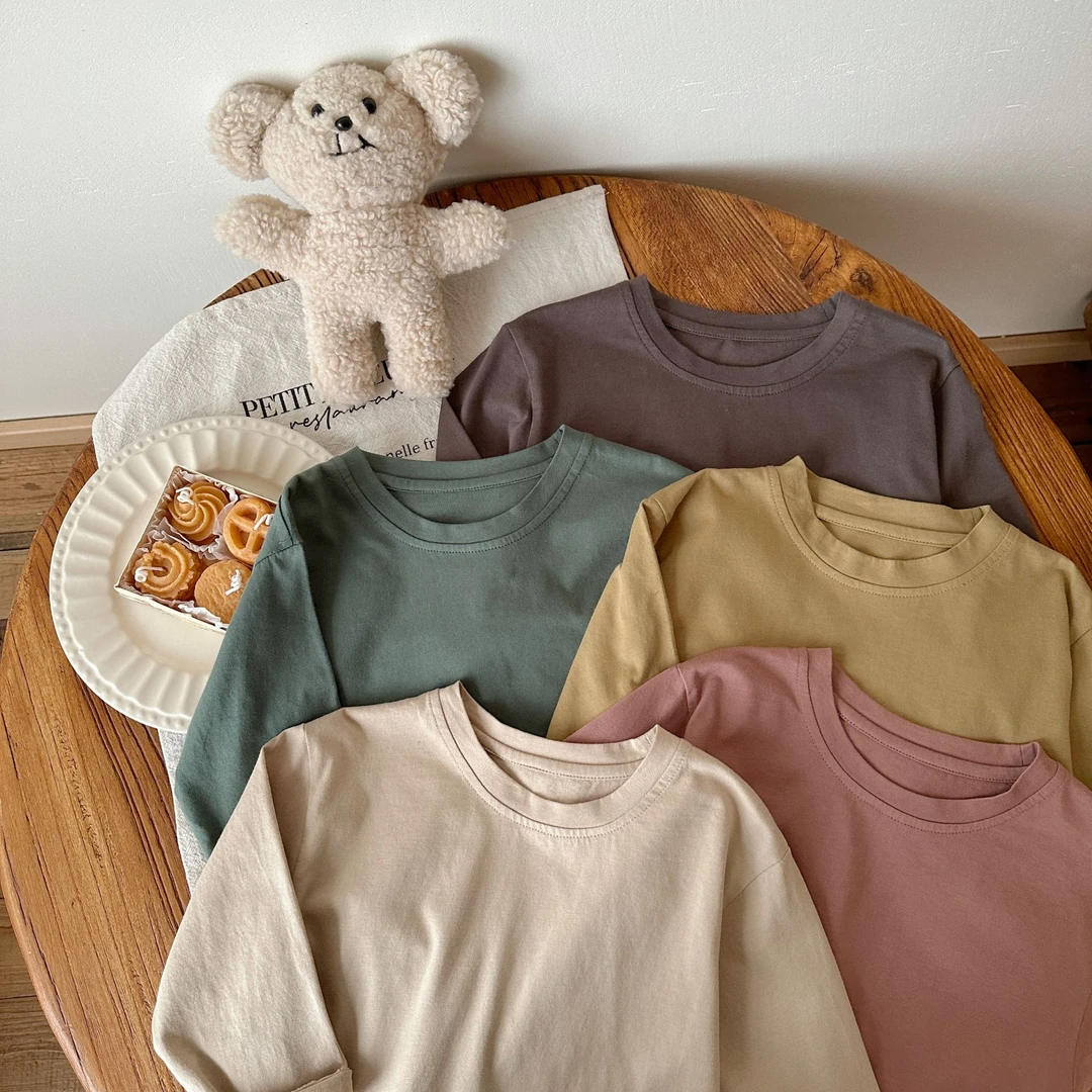 春季新款男女童小童百搭纯色棉质上衣纯棉宝宝宽松休闲T恤-23017