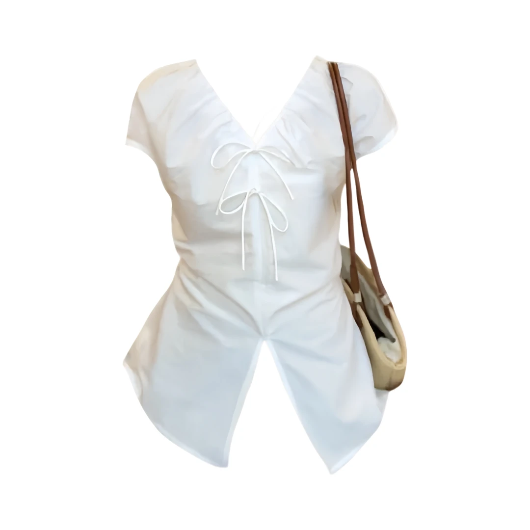 大码胖MM韩系蝴蝶结系带V领短袖衬衫女夏季收腰显瘦减龄百搭上衣