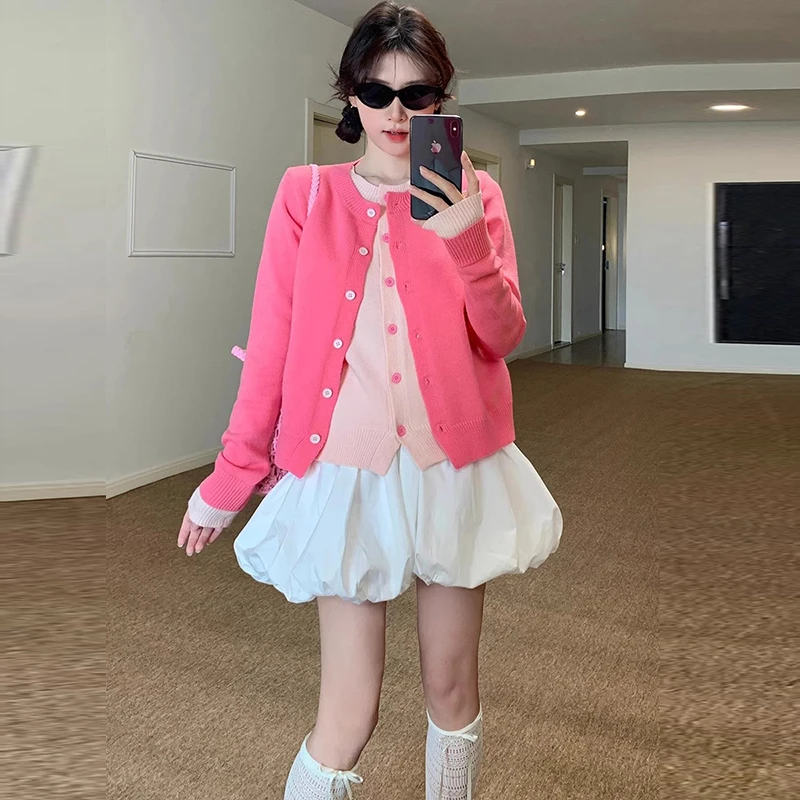 韩系拼接假两件开衫毛衣女春秋冬宽松软糯温柔别致休闲百搭针织衫