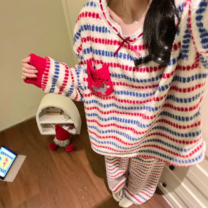 网红风条纹睡衣女款秋冬季爆款腊肠狗加厚半边绒可外穿家居服套装