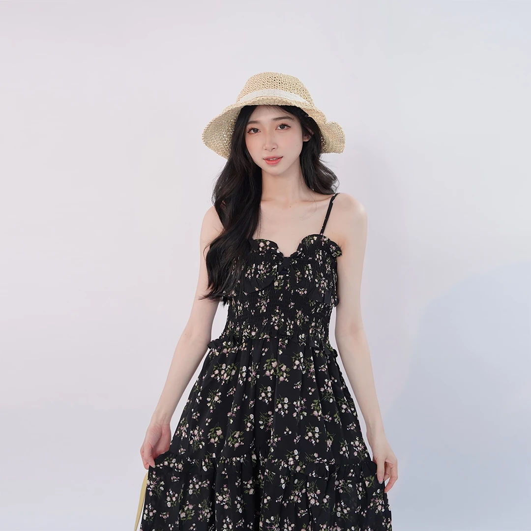 三福 夏季纯欲辣妹碎花裙收腰A字裙显瘦休闲连衣裙503446