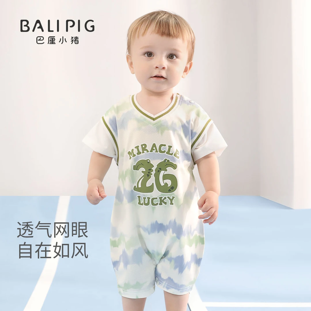 男宝宝夏装短袖薄款假两件连体衣运动风足球服夏季衣服婴儿外出服