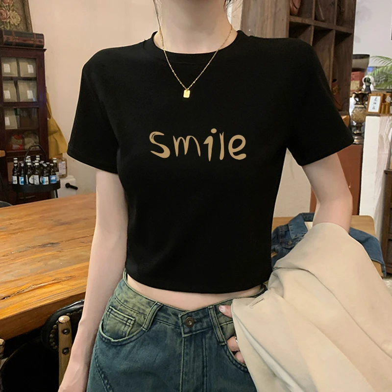 基础款白色圆领正肩短袖t恤纯欲洋气衣服女夏季新款修身显瘦短款