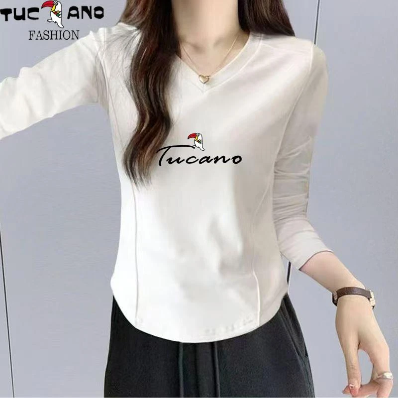 啄木鸟鸡心领设计妈妈款打底衫女春季长袖T恤小个子内搭显瘦短款