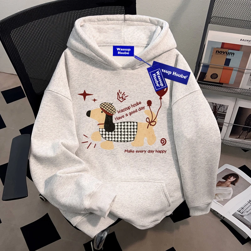 WASSUP HSUBE美式慵懒chic腊肠狗连帽卫衣男女加绒oversize外套潮