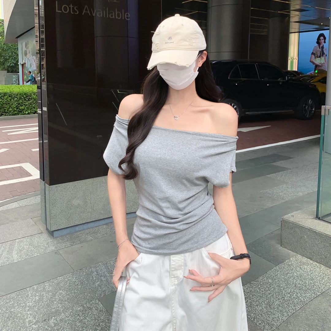 百搭灰色斜肩短袖t恤女夏季设计感宽松显瘦不规则收腰上衣女洋气