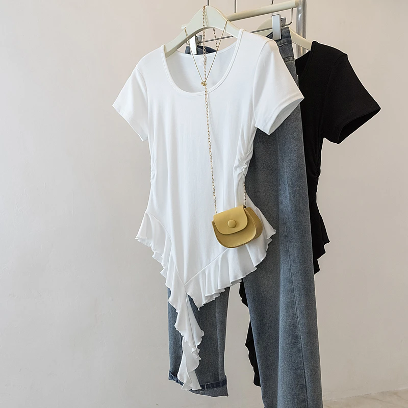 大码胖mm不规则荷叶下摆抽褶短袖t恤女夏季修身显瘦上衣打底衫