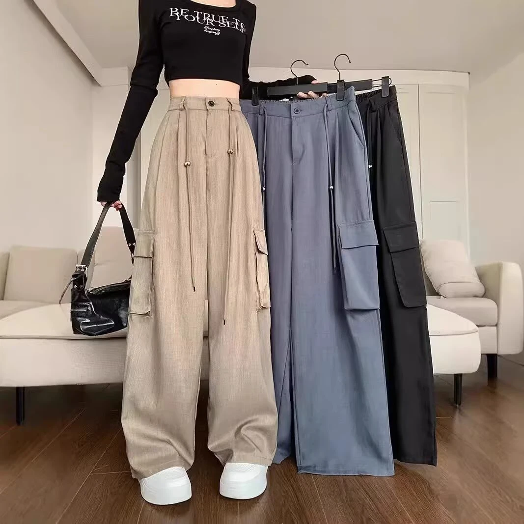 抽绳工装休闲裤女夏季韩版2025新款设计感美式高腰显瘦宽松阔腿裤