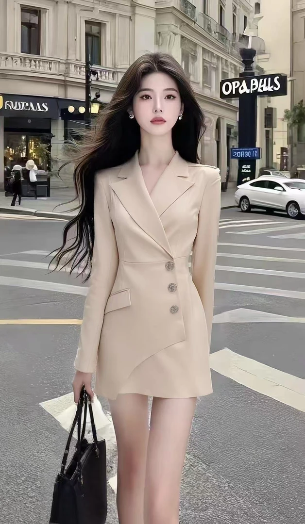 轻奢时尚高端大气通勤风卡其色V领修身收腰长袖小众短款连衣裙女