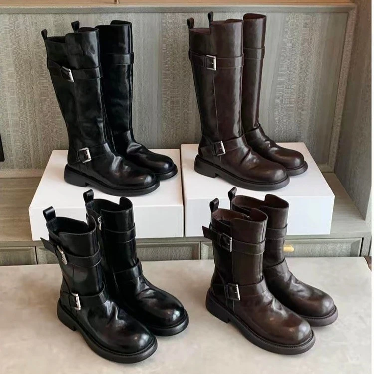 双扣粗跟厚底机车短靴女2025秋冬新款侧拉链英伦风西部瘦瘦靴短靴