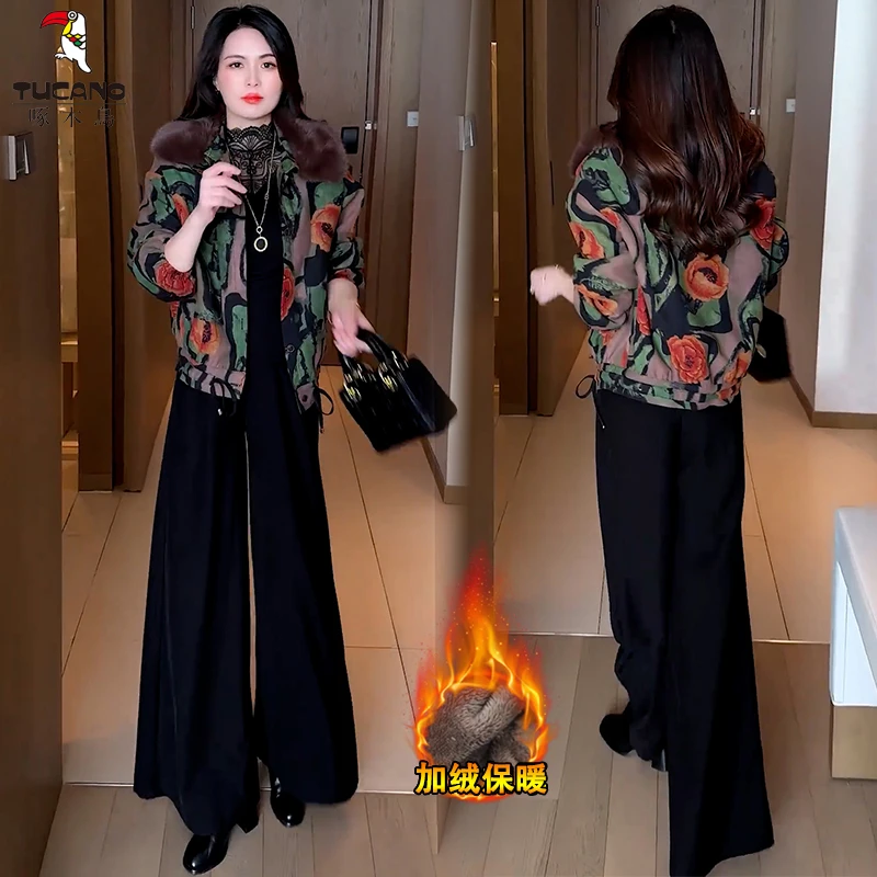 啄木鸟加绒加厚印花短外套2025冬季新款洋气休闲百搭保暖夹克棉袄