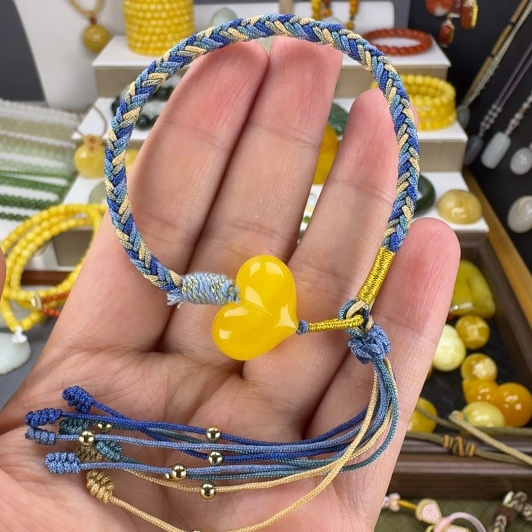 手绳琥珀未镶嵌天然满蜜鸡油黄屁桃手工精编8股绳