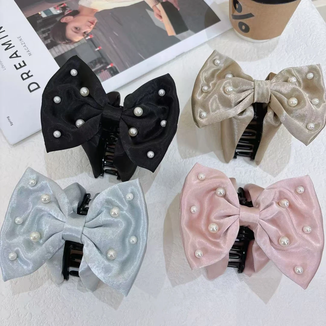 法式复古钉珠蝴蝶结鲨鱼抓夹缎面珠珠鲨鱼夹后脑勺盘发发夹