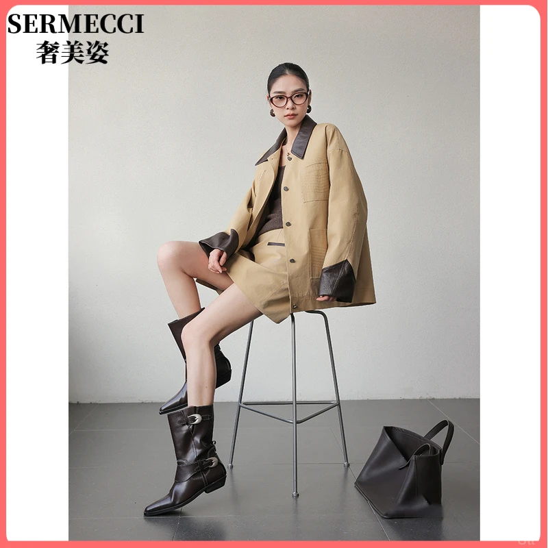 奢美姿大品牌拼接外套女2025年早秋卡其色设计感POLO领夹克上衣