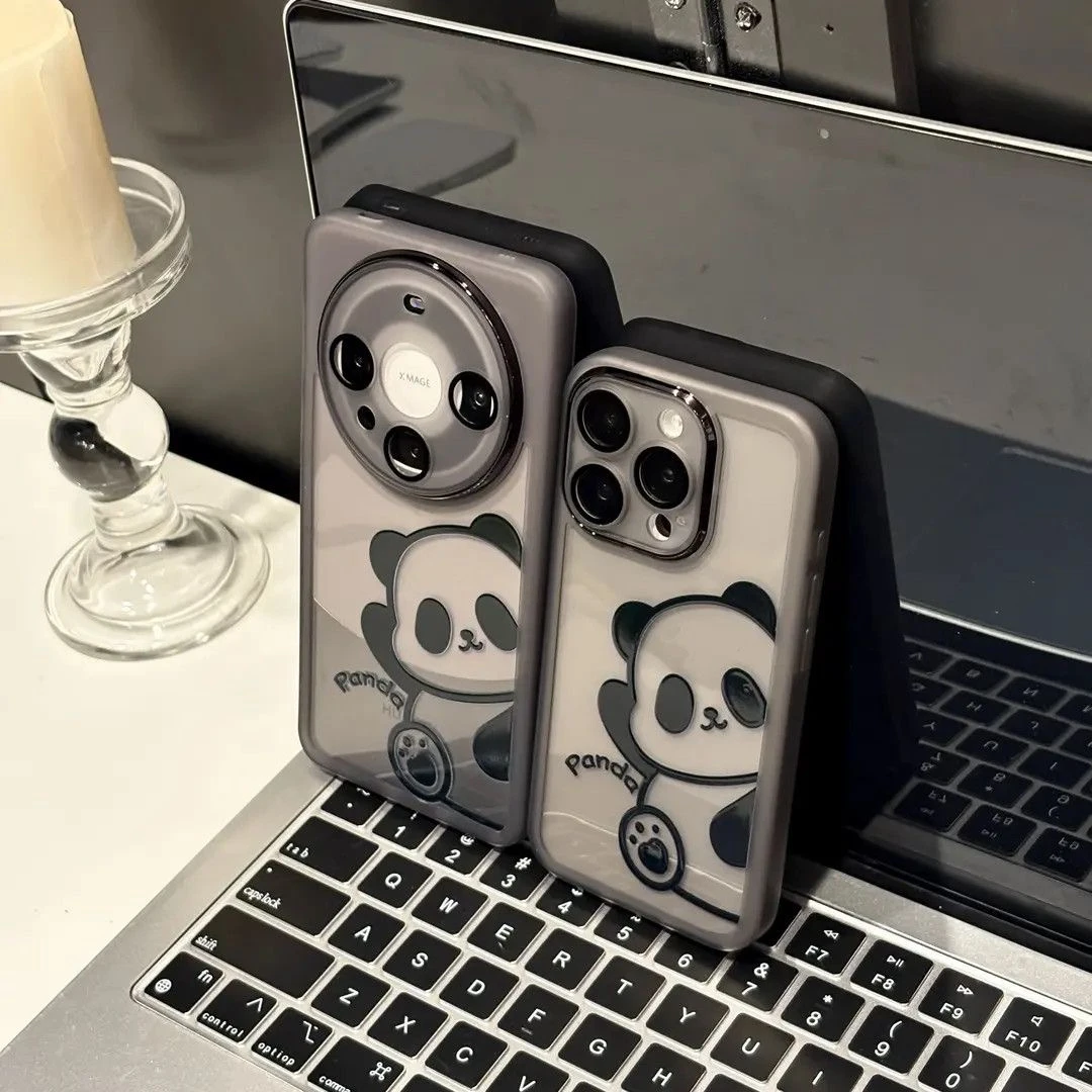 高级感黑线条熊猫适用苹果17/16pro手机壳华为P70vivoppo小米17套
