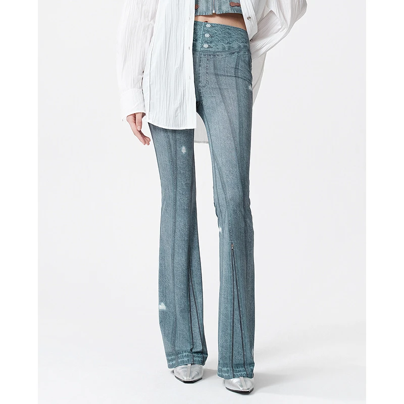 D63女装25春季中高腰紧身微喇破洞设计休闲长裤拖地裤5F1K75072