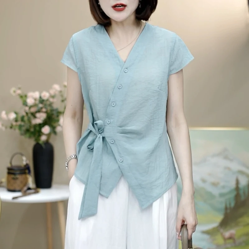 2025年夏季新款韩系气质V领小衫系带百搭收腰显瘦短袖衬衫上衣