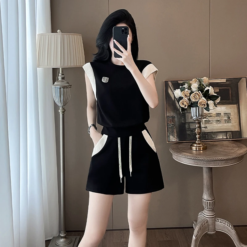 高级感黑色休闲运动套装女夏季新款慵懒风圆领无袖上衣短裤两件套