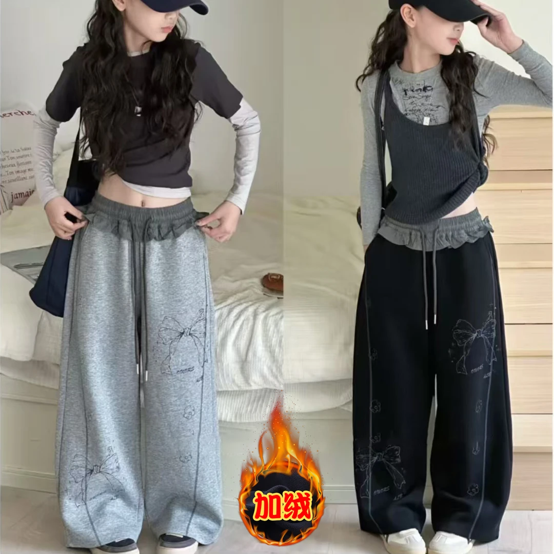 【加绒/不加绒】新款女童休闲裤儿童裤子纯色涂鸦印花舒适直筒裤子