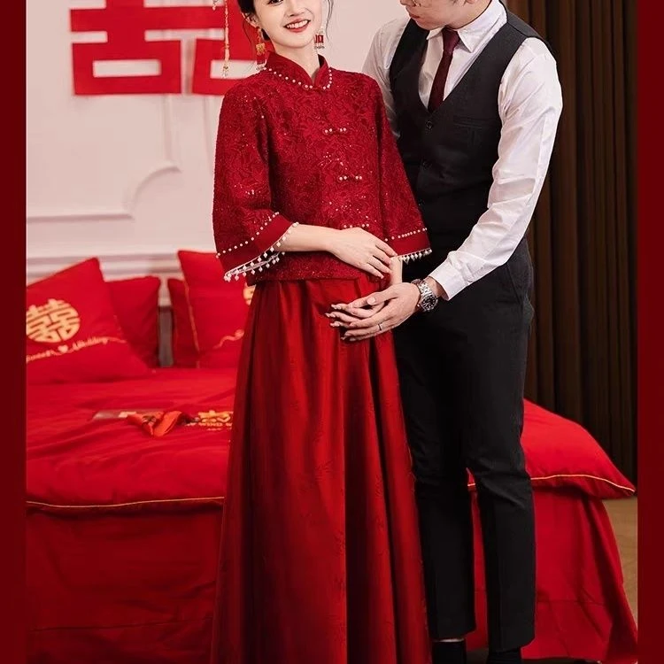 结婚中式长裙刺绣礼服婚礼服长款A字裙坠地裙敬酒服酒红色