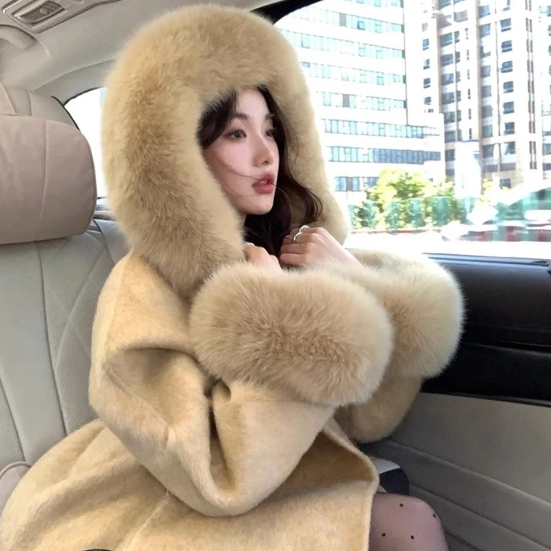 （东栎）雪山连帽狐狸毛领双面羊毛大衣女2025高级感小个子羊毛外套