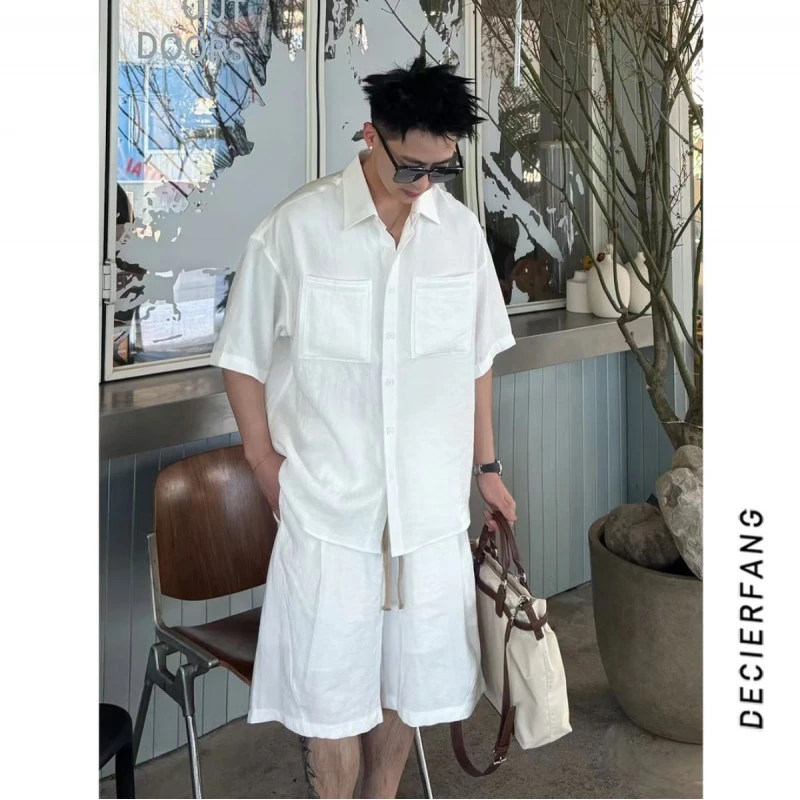 新款老钱风极简休闲百搭双口袋休闲亚麻套装时尚宽松纯色痞帅