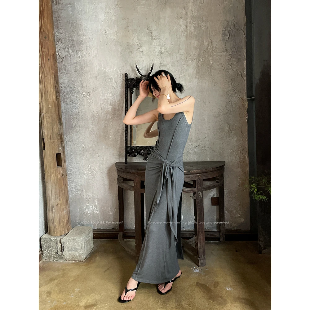 JCCC影子【慵懒绑带】灰色收腰绑带吊带长款连衣裙JE5DBL12
