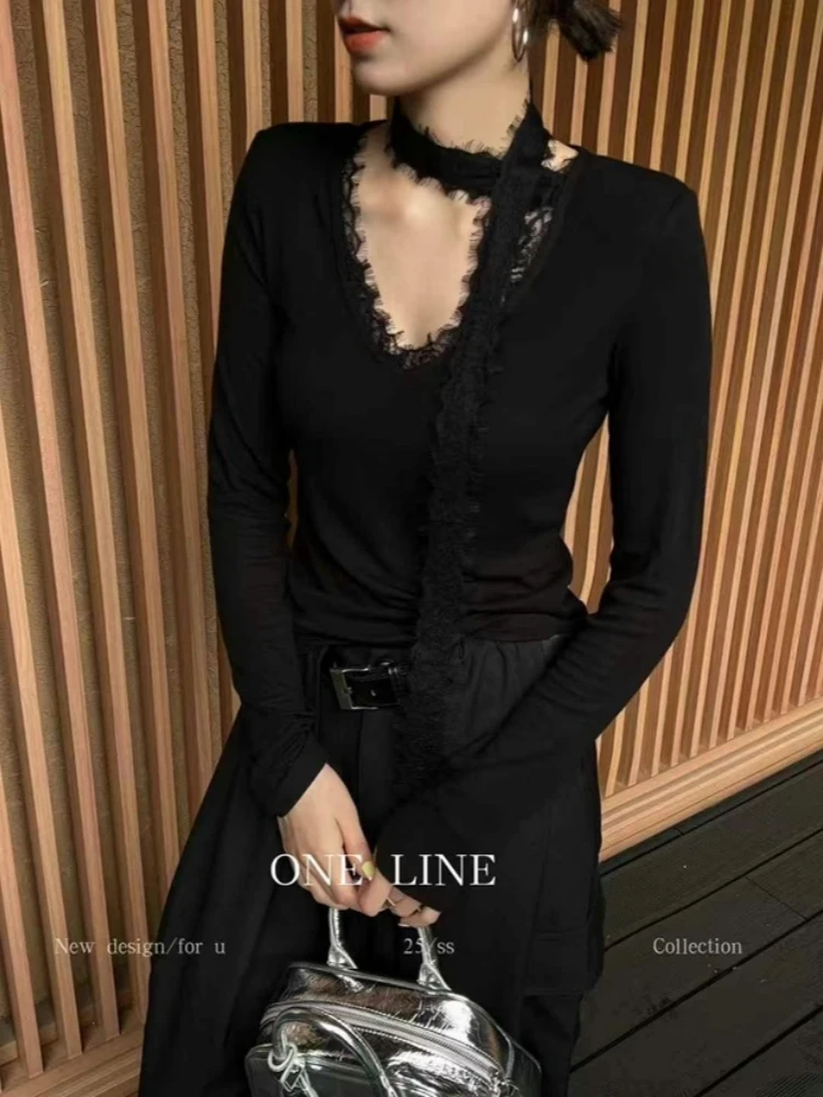 【济州岛】法式蕾丝飘带设计v领打底衫5795