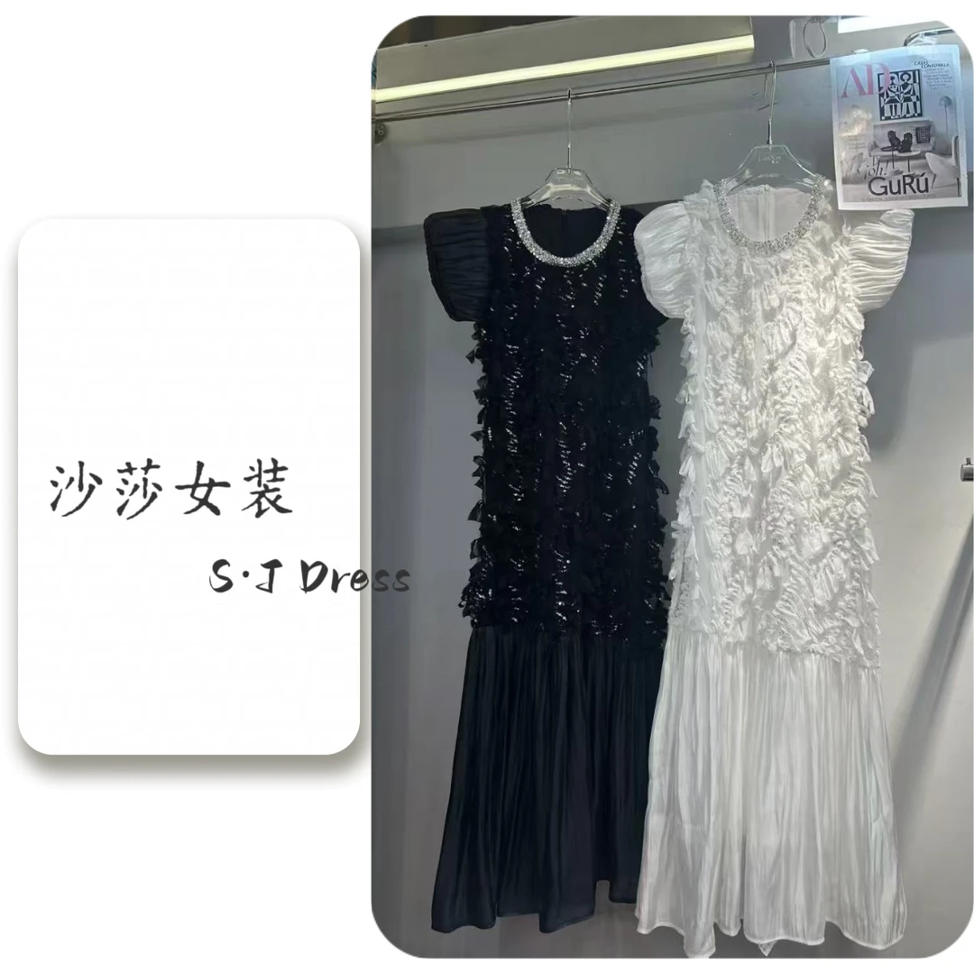 荷叶袖圆领一粒扣设计师连衣裙夏季女装小香风立体花亮片公主无袖