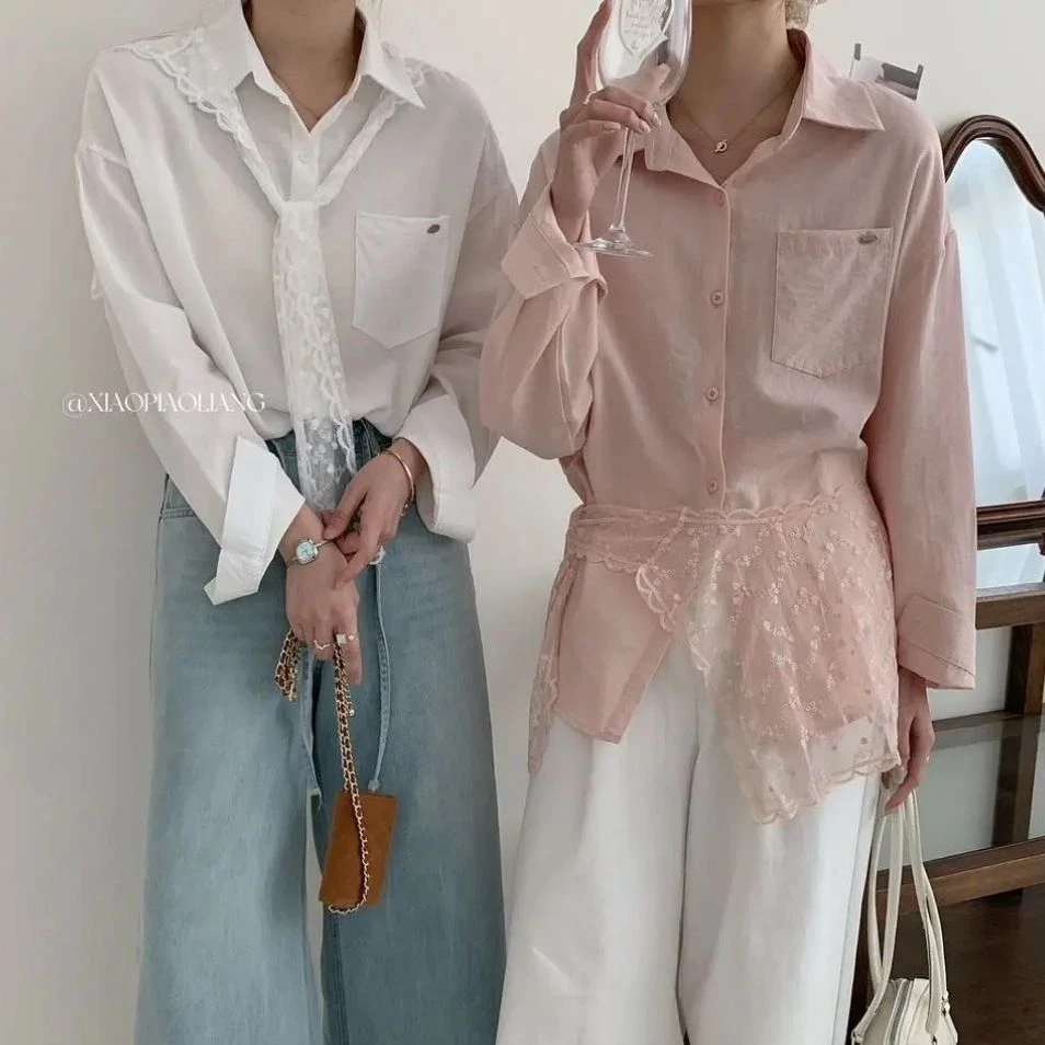 白色衬衫女2025春秋季新款设计感配蕾丝围巾小众衬衣别致绝美上衣