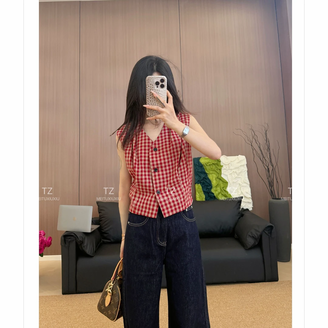 【婷子定制】~150小个子改版夏款法式v领格子收腰上衣C328