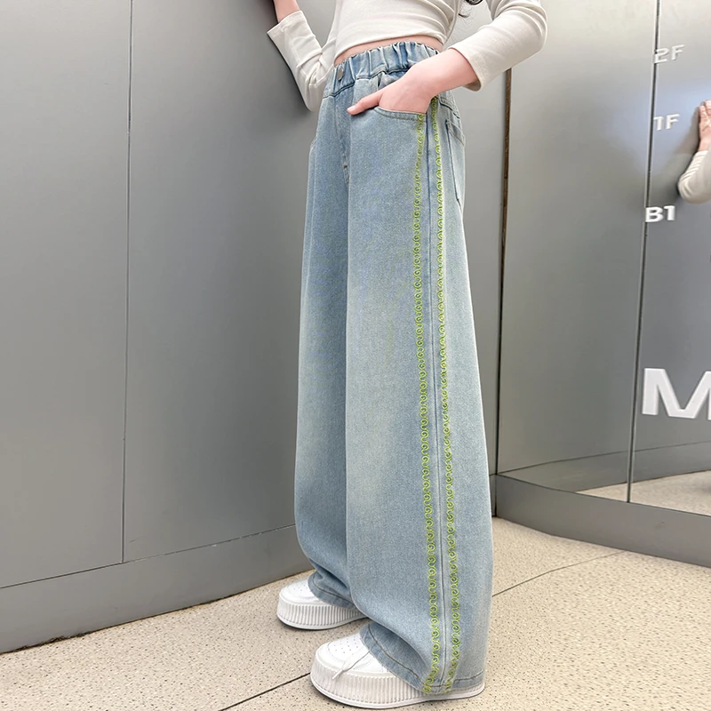 女童春季牛仔裤2025新款洋气时尚阔腿裤6-12岁中大童绣花春款裤子