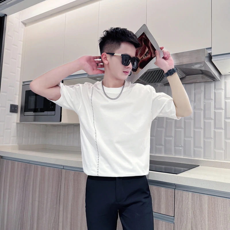 短袖男款爆款2025新款夏季圆领t恤拼接上衣时尚痞帅百搭半袖体恤