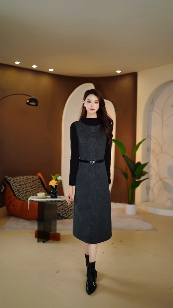 君欧2025年春季新款修身气质优雅拼接长袖打底裙