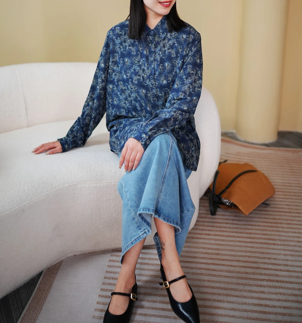 北桔2025春秋新款时尚气质印花衬衫日系复古宽松显瘦长袖衬衣3015