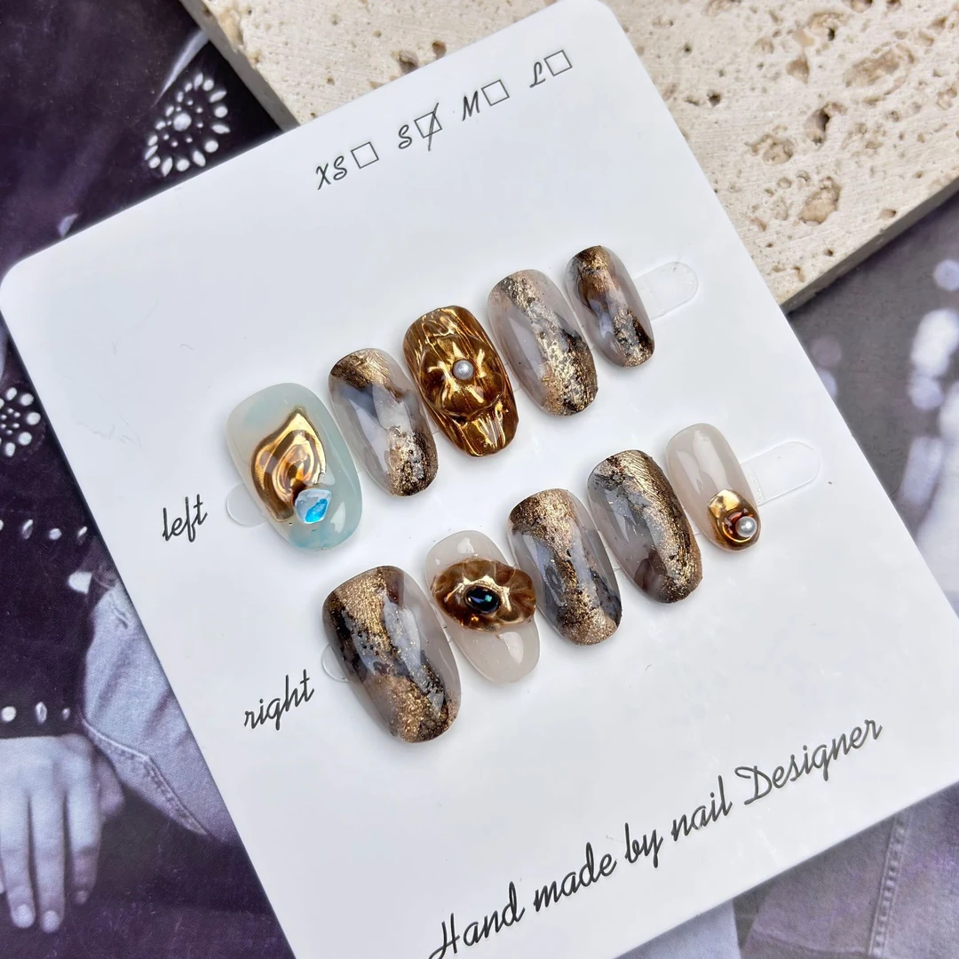 旧梦一场纯手工日式美甲速干水墨魔镜粉显白指甲大理石晕染短款