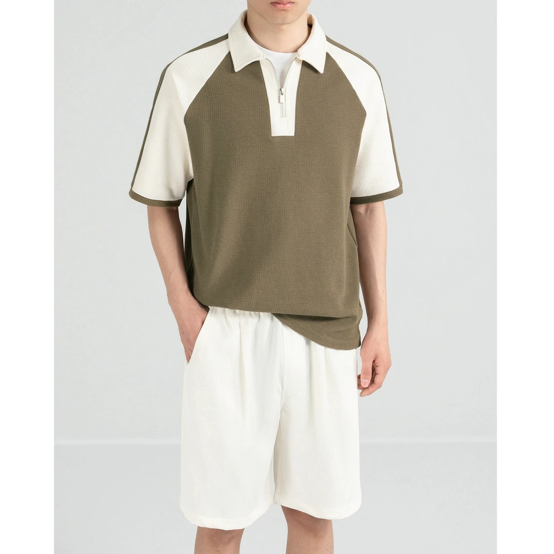 华夫格polo衫男士夏季薄款2025新拼接宽松透气打底衫韩版休闲T恤