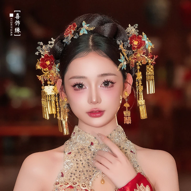 新中式秀禾头饰红蓝复古蜻蜓花朵高级结婚龙凤褂汉服发饰20250113